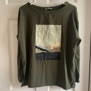 Zara Olive Green Long Sleeve Tee with Metallic Landscape Print